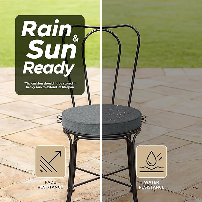 Outdoor Round Chair Cushions 15 Inch, Fade-Resistant & Water-Resistant, Bistro Chair Seat Pads for Porch Garden Balcony Patio Furniture Stools, Non-Slip Bottom, Set of 2, Dark Grey