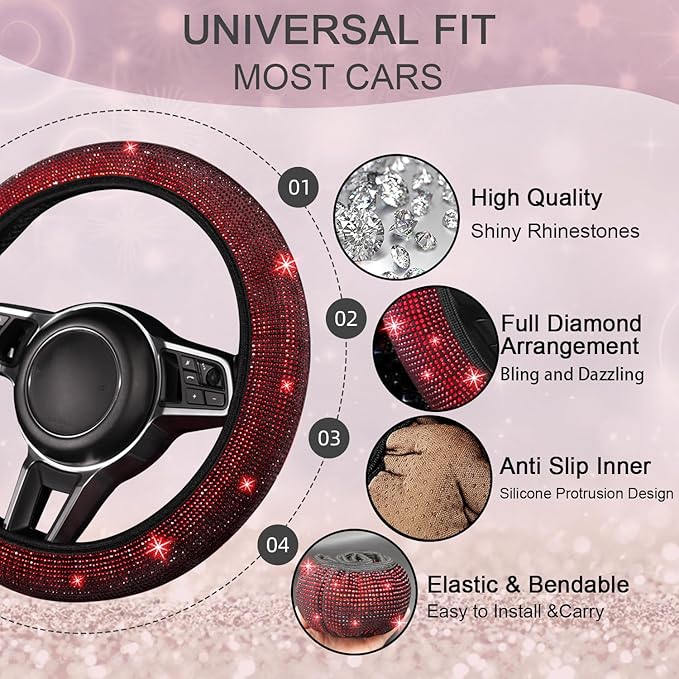 NBTEPEM 8 pcs Red Bling Car Accessories Set for Women, Steering Wheel Cover, Sparkly Seat Belt Covers, Bling Gear Shift Cover, Universal Fit Most Cars (Red Diamond)