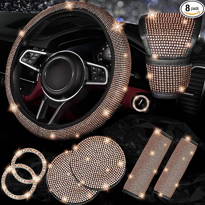 NBTEPEM 8 pcs Bling Car Accessories Set for Women, Steering Wheel Cover, Sparkly Seat Belt Covers, Bling Gear Shift Cover, Universal Fit Most Cars (Gold Champagne Diamond)