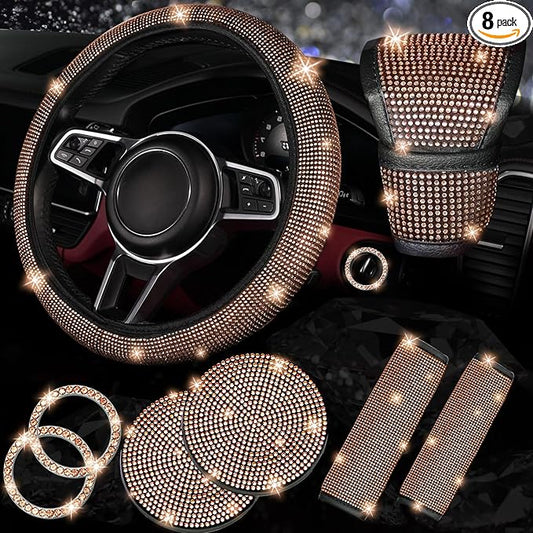 NBTEPEM 8 pcs Bling Car Accessories Set for Women, Steering Wheel Cover, Sparkly Seat Belt Covers, Bling Gear Shift Cover, Universal Fit Most Cars (Gold Champagne Diamond)