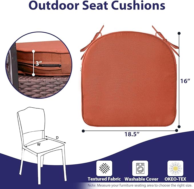 IPYNBAP Outdoor Chair Cushions Set of 4 -Waterproof Outdoor Seat Cushions for Patio Furniture, Patio Chair Cushion with Handle and Ties, Out Door Chair Pads,18.5x16x3-Round, Spice