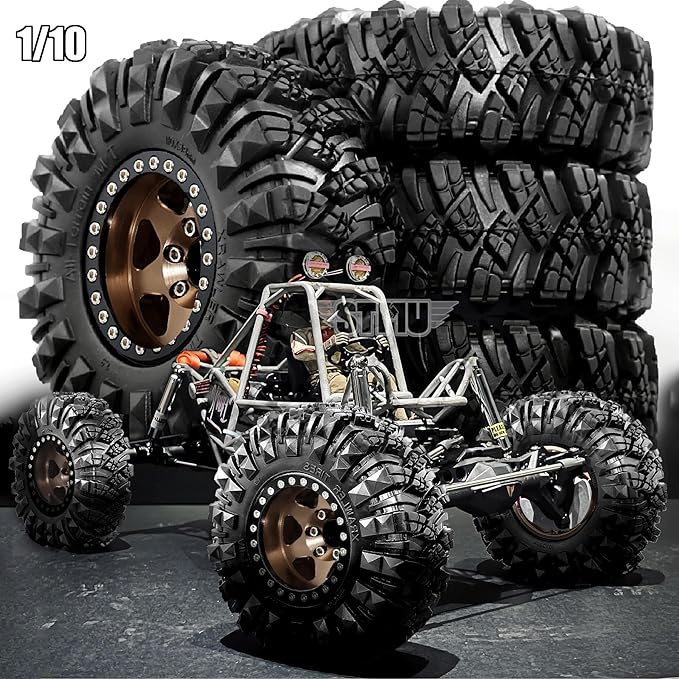 STMU Negative Offset 10.4mm 1.9 Beadlock Wheel Rims Aluminum and 1.9 RC Crawler Tires 4.33 Inch OD Foam Inserts for Traxxas TRX4 Axial SCX10 SCX10 II III RBX10 Redcat Gen 8 (Brown)