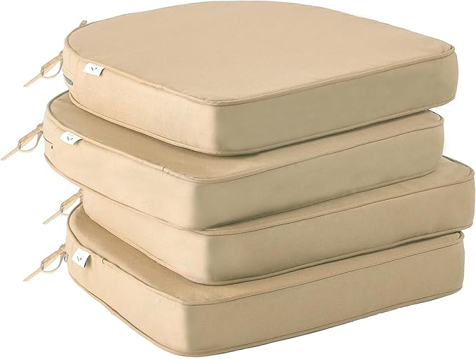 IPYNBAP Outdoor Chair Cushions Set of 4 -Waterproof Outdoor Seat Cushions for Patio Furniture, Patio Chair Cushion with Handle and Ties, Out Door Chair Pads,18.5x16x3-Round, Beige