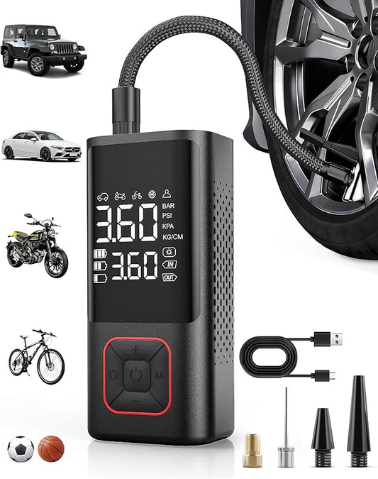 Cordless Tire Inflator 150PSI Portable Air Compressor with Auto Shutoff, Air Pump for Car Tires, Motorcycle, Bike, Balls, Inflatables, LED Light, Red, Standard Capacity