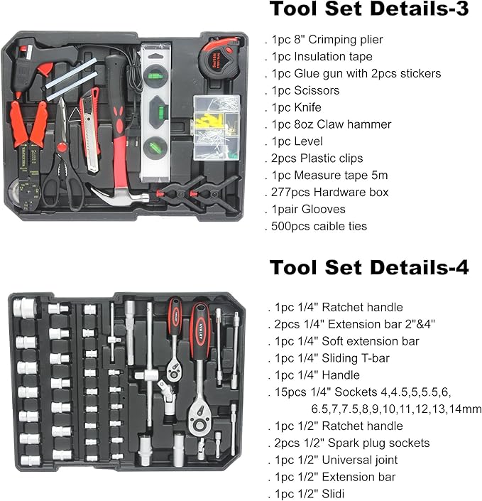 RYH 899pcs All-in-One Professional Tool Set & Rolling Tool Box Set - 4 Drawer Organizer Storage Case - Complete Home, Auto, Mechanic Tool Kit for DIY, Homeowner, Handyman Tool Set (899pcs+Silver)