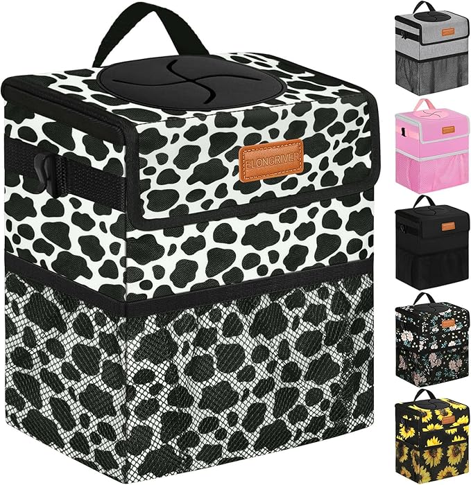 ELONGRIVER Car Trash Can Bin for Back Seat Leak Proof, Cute Car Trash Bag Hanging, Vehicle Trash Can for SUV Truck Van, Automotive Garbage Cans Front Seat Cow Print, 2 Gallons