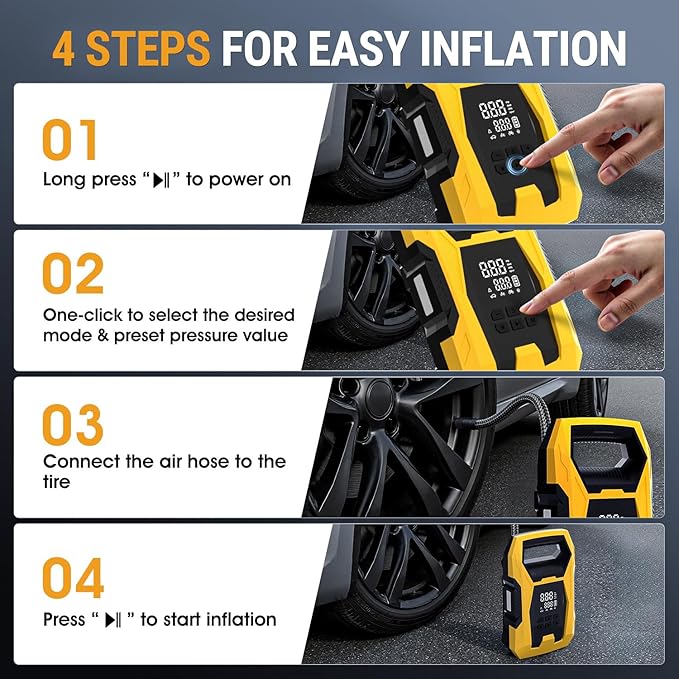 CARSUN Cordless Tire Inflator Portable Air Compressor, 150 PSI Air Compressor for Car Tires, Portable Tire Inflator with Digital Dual Values Display, Tire Pump for Car, Bike, Motorcycle, Ball