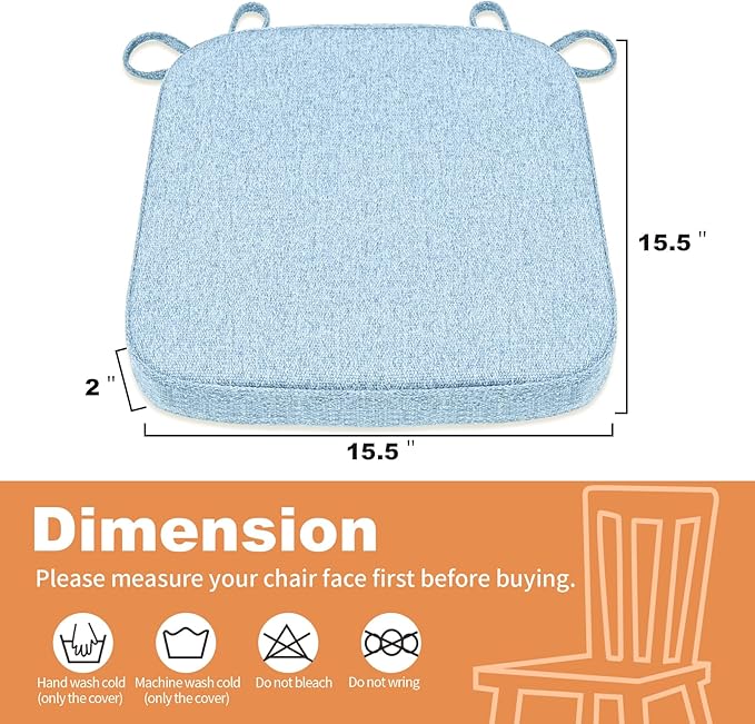 SINOSSO Memory Foam Chair Cushions for Folding Chairs 6 Pack, Thickened 2" Square Pads with Ties for Kitchen Chairs, Indoor Non-Slip Dining Chair Seat Cushions (Set of 6, Water Blue)