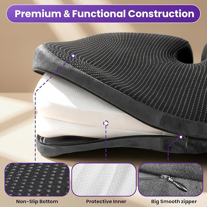 ZZ-WELL Seat Cushions for Office Chairs, Car Seat - Patented Coccyx Cushion for Tailbone Pain - Memory Foam Butt Cushion for Pressure Relief - Carry Handle & Non Slip Bottom (Grey)