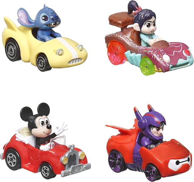 Hot Wheels RacerVerse, Set of 4 Die-Cars 1:64 Scale Toy Cars Optimized for Driving on Tracks with Pop Culture Characters as Drivers