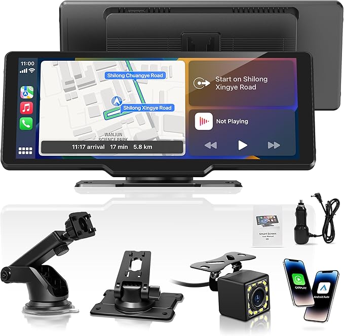 Portable Carplay Screen for Car, 10" Wireless Carplay Car Stereo & Android Auto, OTA Updates, Car Play Touchscreen with 1080P Backup Camera,GPS Navigation,Voice Control,5.0 Bluetooth (10inch)