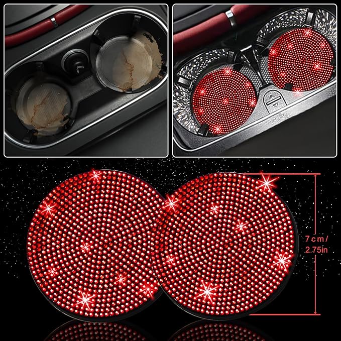 NBTEPEM 8 pcs Red Bling Car Accessories Set for Women, Steering Wheel Cover, Sparkly Seat Belt Covers, Bling Gear Shift Cover, Universal Fit Most Cars (Red Diamond)