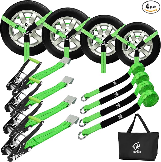 4 Pack Car Tie Down Straps for Trailers - 2" x 8' Heavy Duty Tire Straps with Flat Hooks - 10,000lbs Break Strength, Adjustable Lasso Style Wheel Straps for Hauling Cars, Truck, UTV(Green)