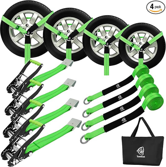 4 Pack Car Tie Down Straps for Trailers - 2" x 8' Heavy Duty Tire Straps with Flat Hooks - 10,000lbs Break Strength, Adjustable Lasso Style Wheel Straps for Hauling Cars, Truck, UTV(Green)