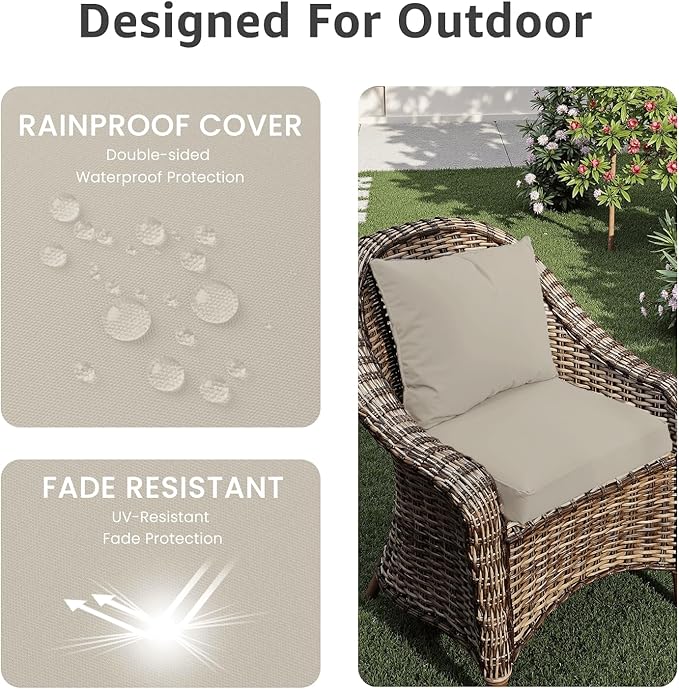 PatioGlow Outdoor Chair Cushions 24 x 24 x 4 Inch, Waterproof & Fade Resistant Patio Seat Cushion for Furniture with Handle and Ties, Thick Seating Pads for Outside Sofa Couch Set of 2, Cream