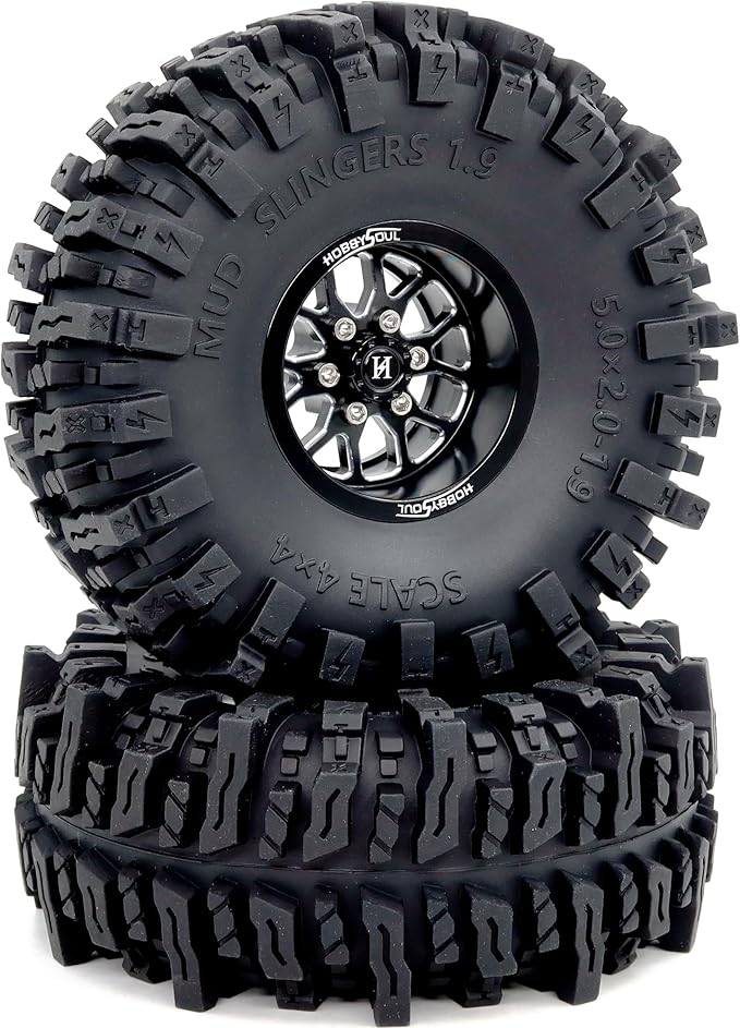 HOBBYSOUL 5.0'' Tall 1.9 Mud Slingers T8 tires & 1.9 Wheels, -10.5mm Negative Offset 1.9 Beadlock wheels and tires For 1/10 Crawler SCX10 TRX4 high Trail Upgrade, HS701547