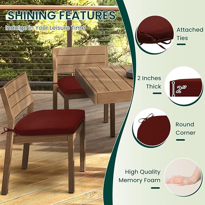 HARBOREST Outdoor Chair Cushions Set of 4, Water Resistant Patio Chair Cushions with Ties, Outdoor Seat Cushions for Patio Furniture, 17"x16"x2", Burgundy