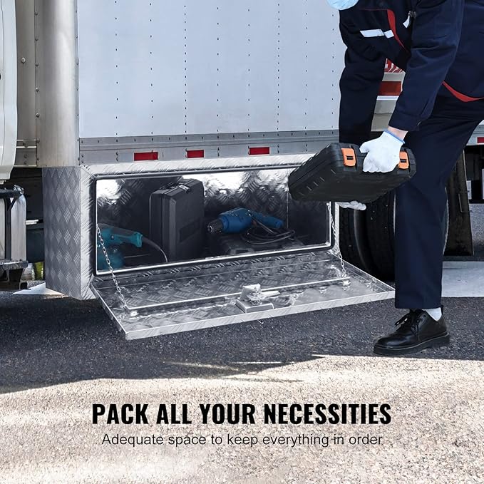 VEVOR Underbody Truck Box, 36"×24"×24" Pickup Storage Box, Heavy Duty Aluminum Diamond Plate Tool Box with Lock and Keys, Waterproof Trailer Storage Box with T-Handle Latch for Truck, Van, Trailer