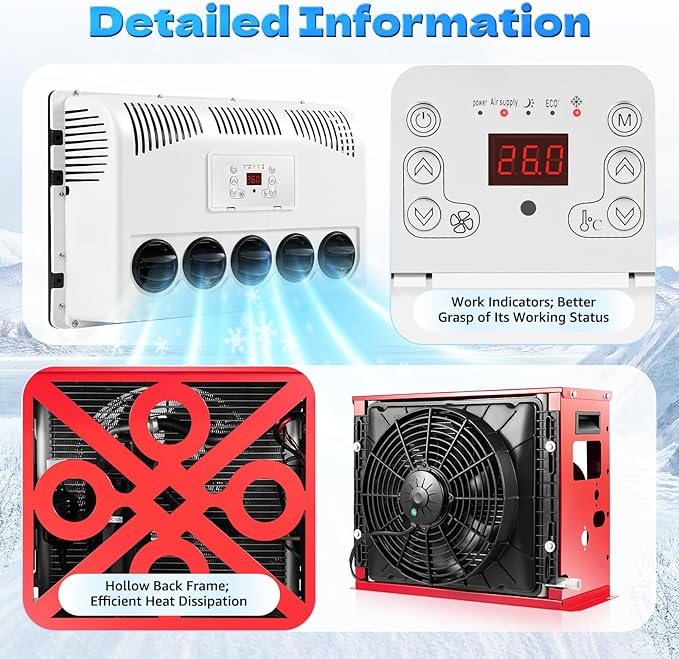 12V 11000 BTU Split Truck Cab Air Conditioner, Heavy Duty AC Unit with Remote Control for Semi Trucks, Buses, RVs, Caravans, Commercial Vehicles – 400-600W, R134A, Red/White