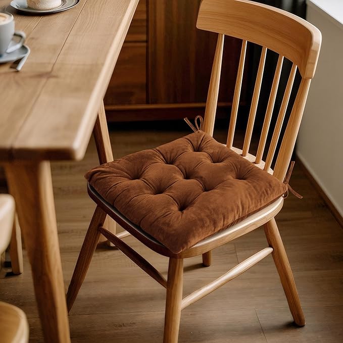 ELFJOY Set of 4 Square Chair Pads Indoor Seat Cushions Pillows with Ties Thick Soft Seat Cushion for Kitchen Dining Office Chair (18", Coffee)