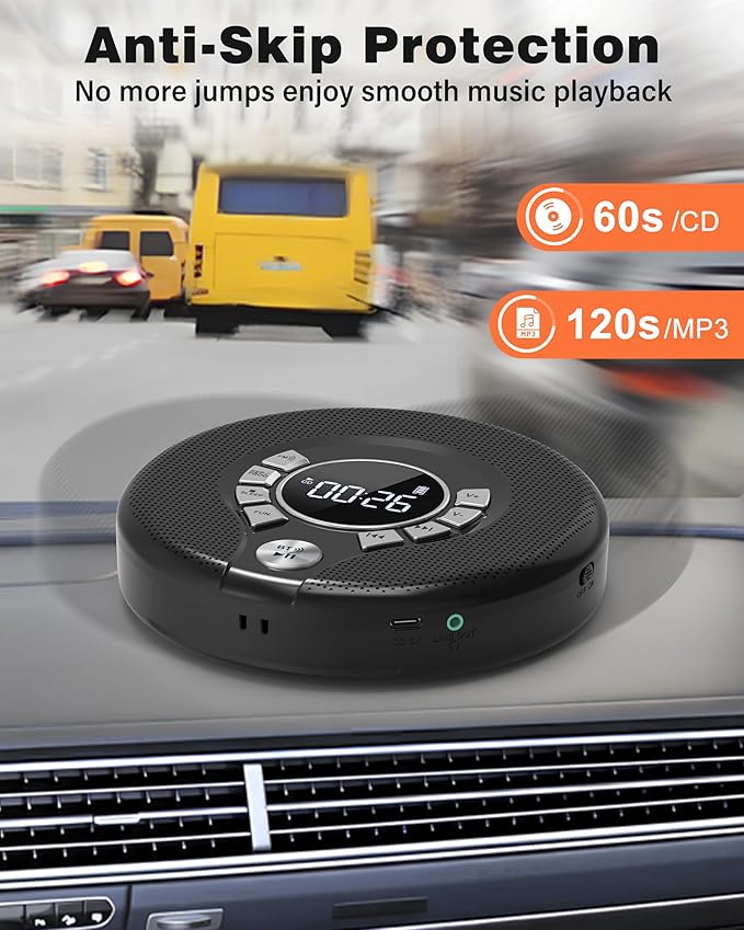 Greadio Portable Bluetooth CD Player with 2000mAh Rechargeable, Personal CD Player for Car with FM Transmitter/AUX, CD Discman Player with Headphone, 120s Anti-Skip, USB Port, Backlight (Black)