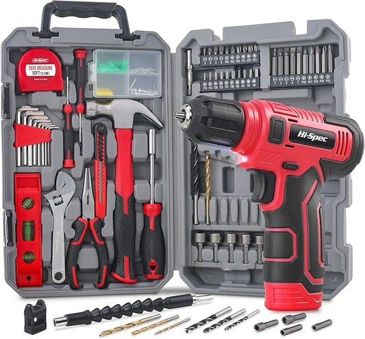 Hi-Spec Tool Set with 8V Cordless Drill Set. Complete DIY Tool Kit with USB Rechargeable Electric Drill Driver for Women and Men, Home Repair & Maintenance, in a Compact Toolbox.