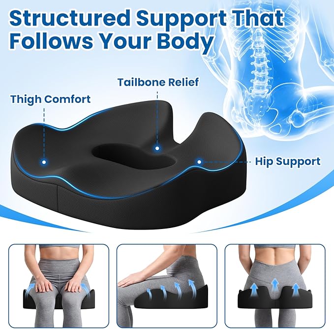 SweetSlubr Large Donut Pillow Seat Cushion for Hemorrhoid Discomfort&Tailbone Pressure, Office Chair Cushion for Long Sitting, Ergonomic Coccyx Pillow for Postpartum Pregnancy, Lifting Cushions, Black