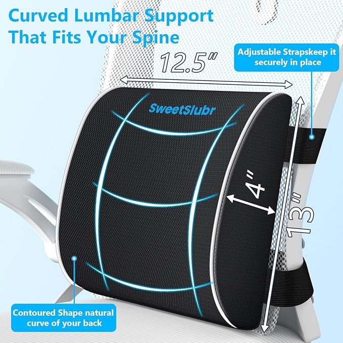 SweetSlubr Ergonomic Memory Foam Seat Cushion & Lumbar Support Pillow Set, Orthopedic Coccyx Cushion for Office Chair, Car, Home – Relieves Back, Sciatica & Tailbone Pain, Improves Posture Black/Large
