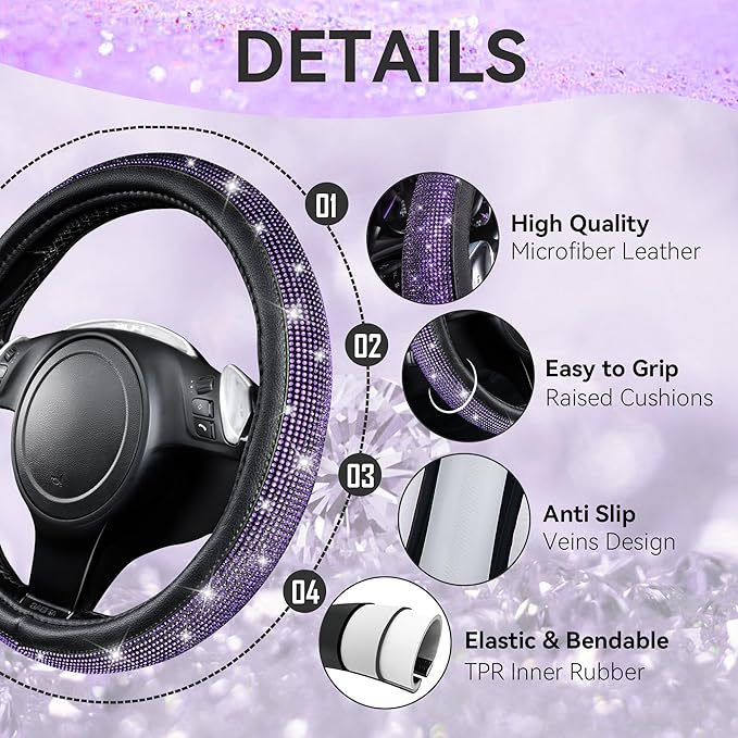 CAR PASS 11PCS Bling Purple Car Steering Wheel Cover Set for Women, Sparkly Rhinestone Diamond Bling Seat Belt Cushion, Glitter Shift Knob Cover, Car Cup Holder Coaster, Interior Sets Violet 14.5"-15"