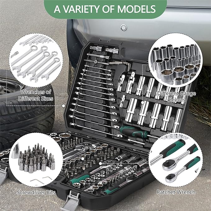 IDEALHOUSE 216 PCS Mechanic Tool Set with Case,Socket Wrench Set,1/4" 3/8" 1/2" Drive Socket Kit,72-Tooth Quick Release Ratchet, Specialty Tools for Home Automotive Repair