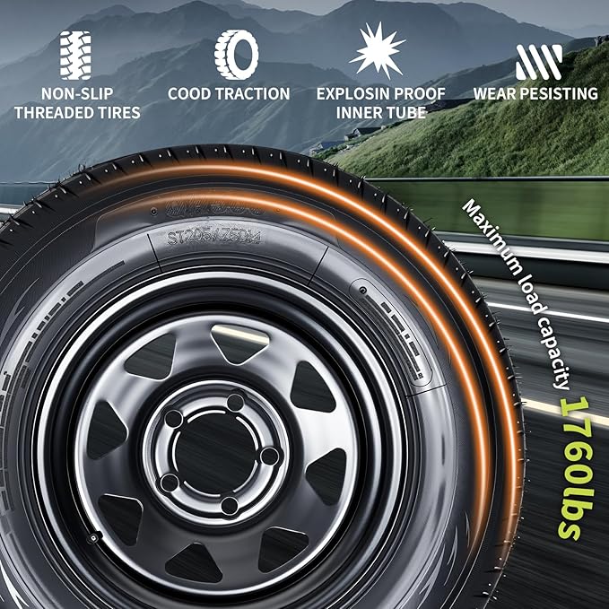 2-Pack Trailer Tire On Rim ST205/75D14 Trailer Tires and Wheels 5 Lug on 4.5 in PCD Trailer Tires with 14 in Rims Load Range C 6PR Black
