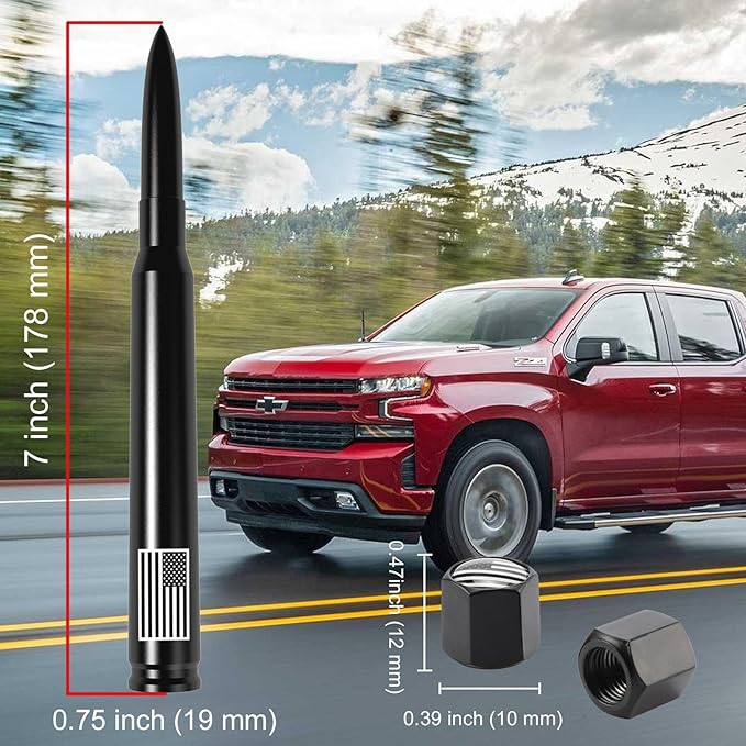 Car Truck Bullet Antenna with Tire Valve Caps American Flag Universal Short Replacement for GMC Sierra Chevy Silverado Dodge Ram 1500 2500 3500 Ford F150 F250 F350 Super Duty Raptor Accessories, Black