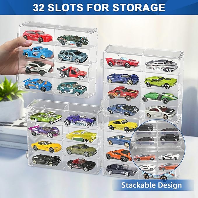 1/64 Scale Toy Cars Display Case for Matchbox Hot Wheels Hold 32 Toy Cars Storage Case Organizer Box Wall Display Clear Model Car Case Holder Container Shelf 6.5 X 7.5 X 1.6 Inch 4 Pack