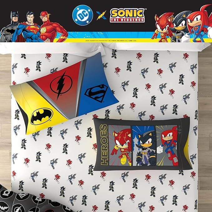 DC x Sonic The Hedgehog Kids Bedding Set, Twin Size, 4-Piece Super Soft Cozy Reversible Comforter & Sheet Set (Officially Licensed Product) by Franco | Durable, Reversible, Officially Licensed