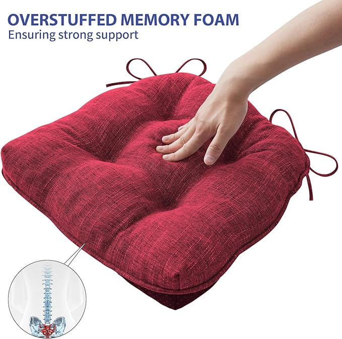 IPYNBAP Chair Cushions for Dining Chairs Set of 2, Red Kitchen Chair Cushions, Chair Pads with Ties and Non Slip Backing, Christmas Room Decor, Tufted Memory Foam Seat Cushion 2 Pack, 15.5"x15.5"x4"