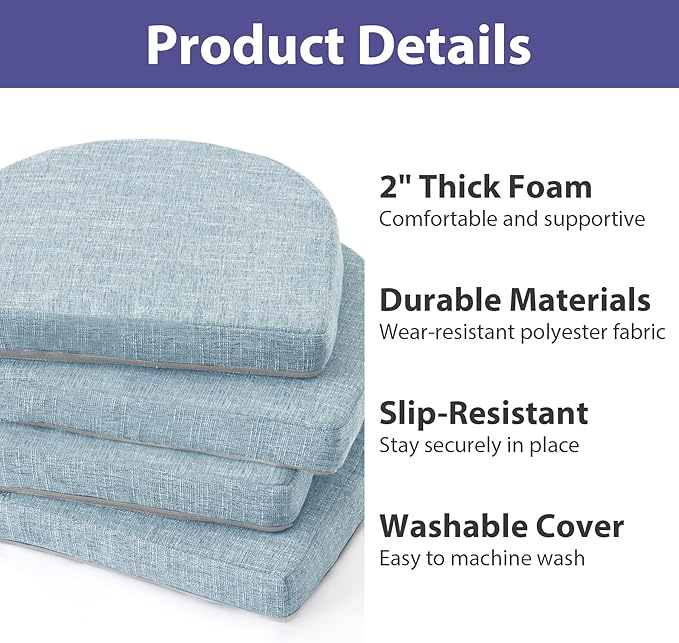 IPYNBAP Chair Cushions for Dining Chairs, Kitchen Chair Cushions, 16'' x 16'' x 2'', Non Slip Indoor Seat Cushions, Chair Pads for Dining Chairs with Ties & Removable Cover, Set of 4, Light Blue