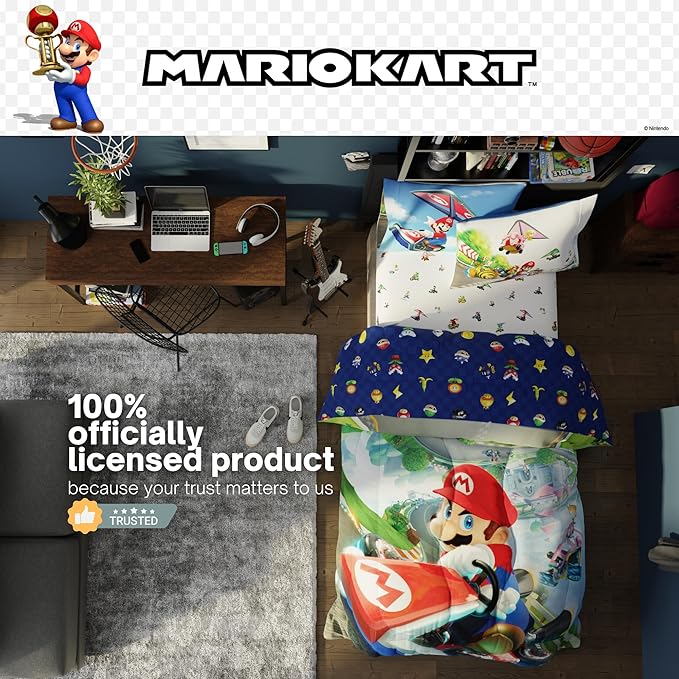 Super Mario Kart Game Kids Bedding Set, Twin Size, 4-Piece Super Soft Cozy Reversible Comforter & Sheet Set (Officially Licensed Product) by Franco | Durable, Reversible, Officially Licensed
