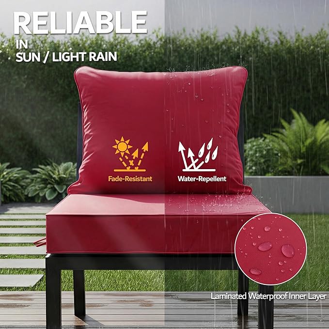 24x24 Inch Outdoor Chair Cushions Set of 2, Patio Furniture Cushions - Removable Cover, Water-Repellent, Fade-Resistant, Non-Slip Bottom & Straps, Replacement for Deep Seat Sofa & Couch - Burgundy