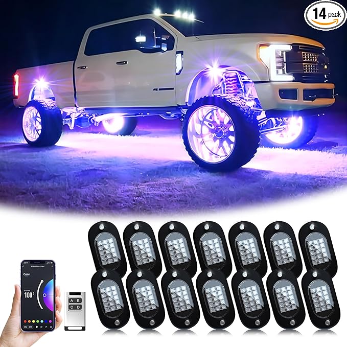 YiLaie RGB LED Rock Lights 14 Pods, 210 LEDs Lights with Phone App/Remote Control & Timing & Music Mode Rock Lights Kits, Waterproof Underglow Light for ATV RZR UTV SUV Off Road AUTO Motorcycle