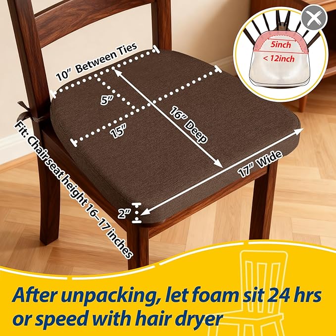 AAAAAcessories D-Shaped Chair Cushions, 2" Thick Dining Chair Pads with Ties and Removable, Machine-Washable Cover, 17" x 16", Set of 2, Brown