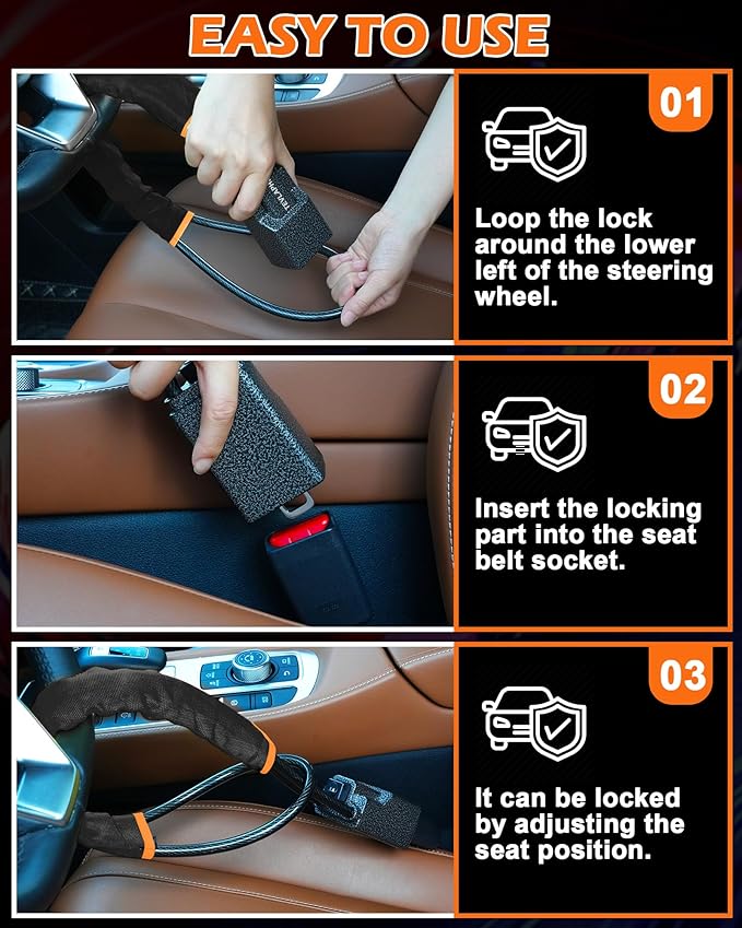 Tevlaphee Steering Wheel Lock Seat Belt Lock Universal Anti Theft Car Device Car Lock Car Theft Prevention with 3 Keys for Car Security Fit Most Vehicles Truck SUV Van(Black)