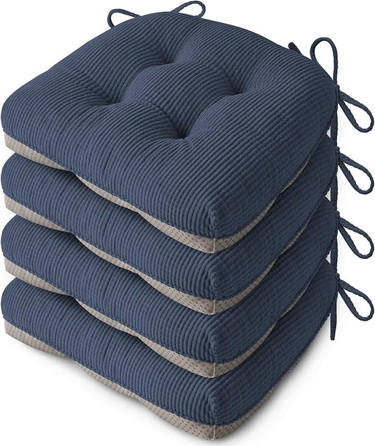 Indoor Kitchen Chair Cushions Set of 4 18"X16.5"X3" Soft Anti Slip Dining Chair Pads Tufted Kitchen Seat Cushion with Ties, Blue