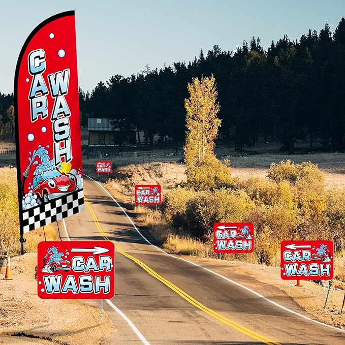 Car Wash Feather Flag Pole Kit Include 7 ft Banner Flag with Poles 5 Pcs Car Wash Sign and 10 Pcs Ground Stake for Outside Business Stores Shops Decoration
