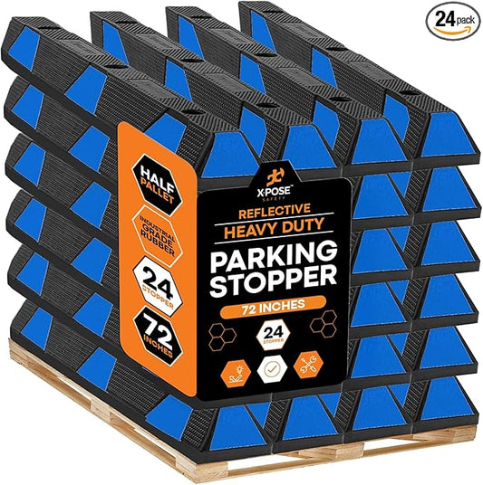 Xpose Safety 72" Heavy Duty Rubber Parking Stopper – Bulk Half Pallet 24 Pack Wheel Blocks for Garage, Driveway, or Ramp – Car Bumper Stop with Blue Reflective Strips – Removable Floor Mount