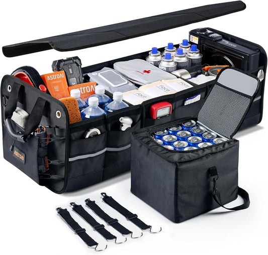 AstroAI Car Trunk Organizer Storage Large for SUV, Truck, Pickup, Collapsible Trunk Organizer Portable Storage Box with Cooler Bag, Foldable Cover, Nylon Handles, PU Bottom and PE Plate