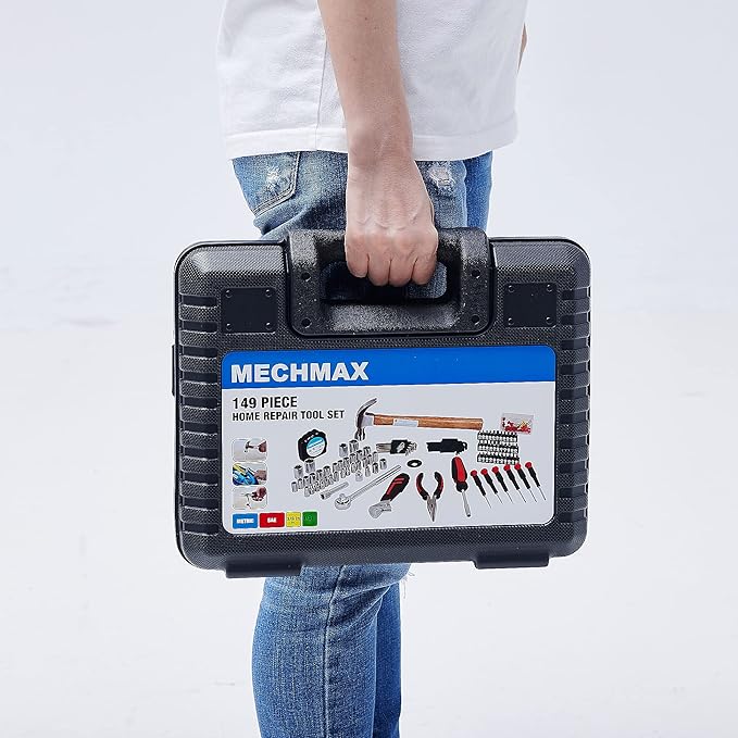 MECHMAX 149-Piece Tool Kit, Home & Auto Repair Hand Tool Set with Hammer, Socket Wrench, Pliers & Storage Case. Essential DIY Mechanics Set for Household, Apartment, Dorm & A Gift