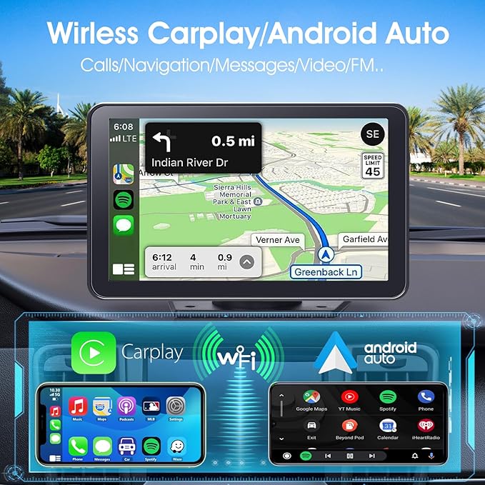 Portable Wireless Carplay Car Stereo, 7" HD Touchscreen for Car with Apple CarPlay & Android Auto with Backup Camera/Mirror Link/Voice Control/Bluetooth/GPS/AUX/FM Satellite Radio for All Vehicles