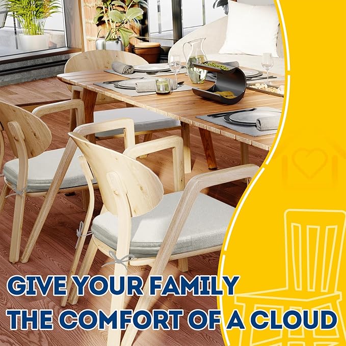AAAAAcessories D-Shaped Chair Cushions, 2" Thick Dining Chair Pads with Ties and Removable, Machine-Washable Cover, 17" x 16", Set of 8, INatural Linen