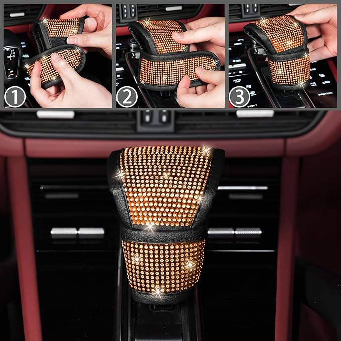 NBTEPEM 8 pcs Orange Bling Car Accessories Set for Women, Steering Wheel Cover, Sparkly Seat Belt Covers, Bling Gear Shift Cover, Universal Fit Most Cars (Orange Diamond)