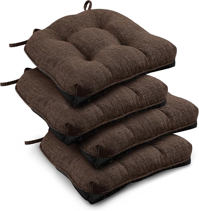 downluxe Indoor Chair Cushions for Dining Chairs, Tufted Overstuffed Textured Kitchen Chair Pads with Ties and Non-Slip Backing, 16.5" x 16.5" x 4", Brown, 4 Pack